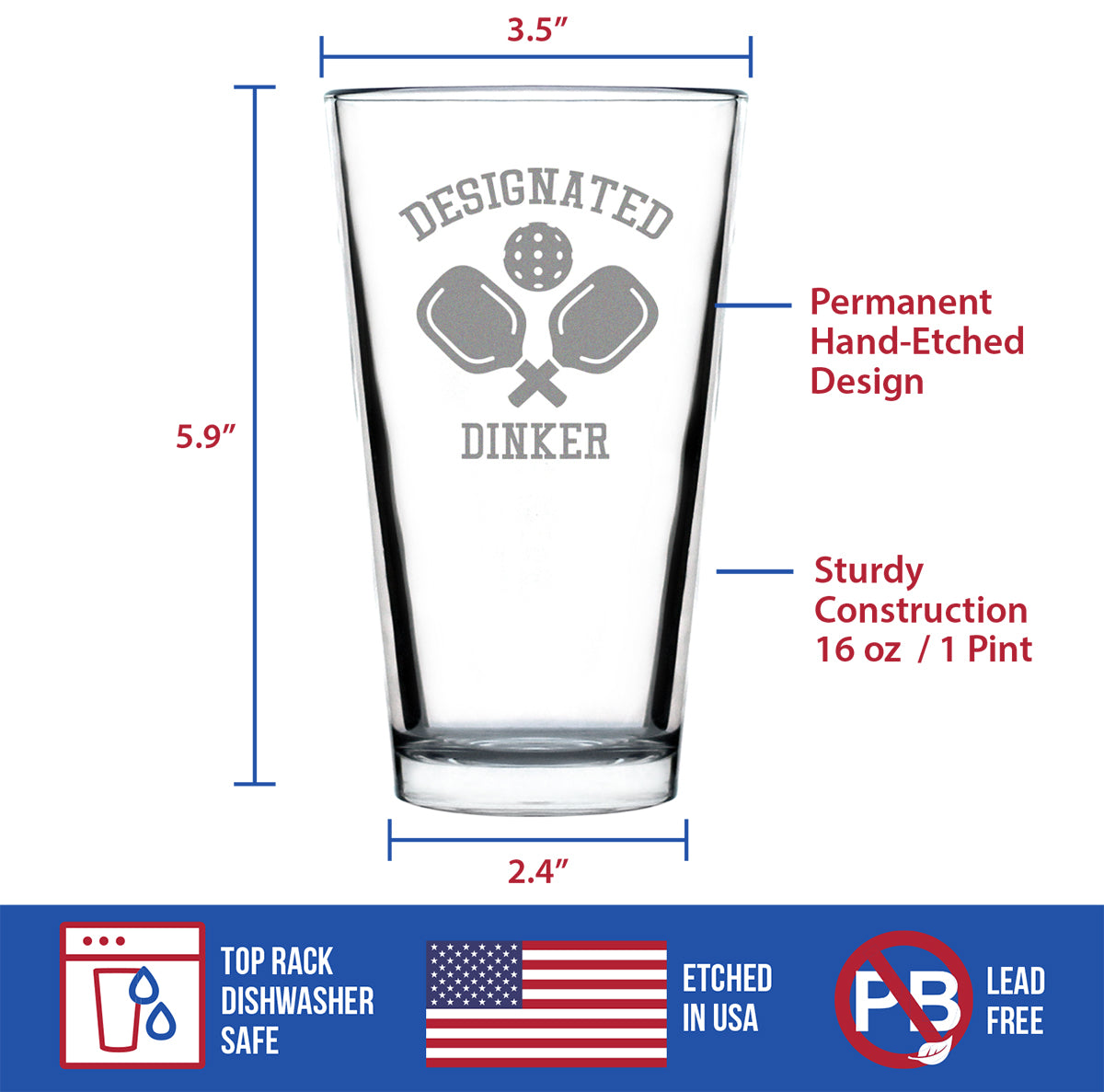 Designated Dinker - Funny Pickleball Themed Decor and Gifts - 16 Ounce Pint Glass