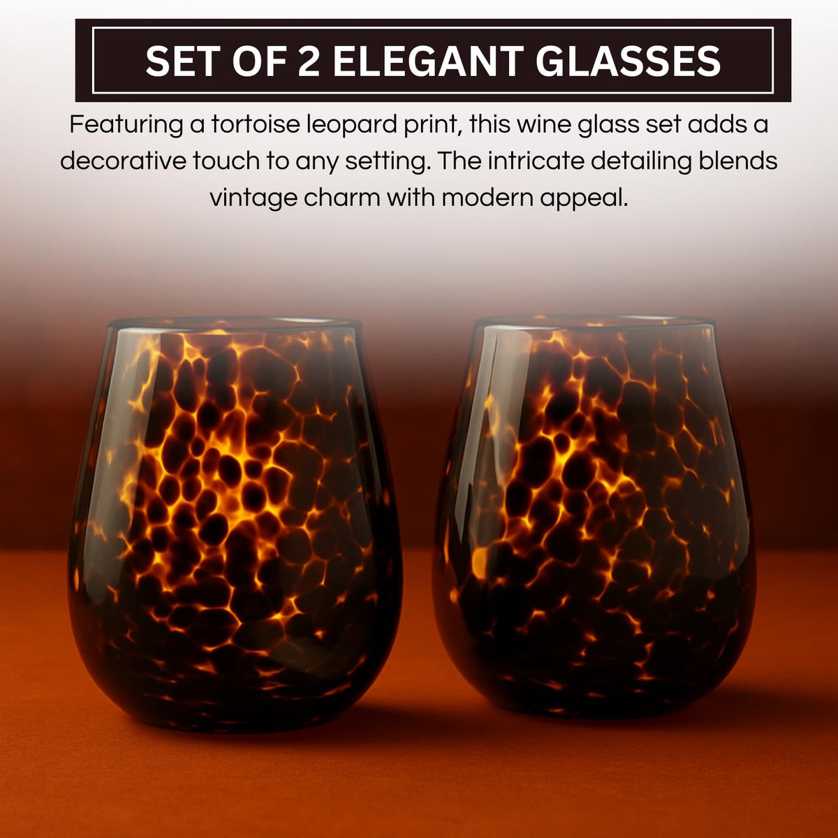 Leopard Print Amber Colored Stemless Wine Glass |  Set of 2