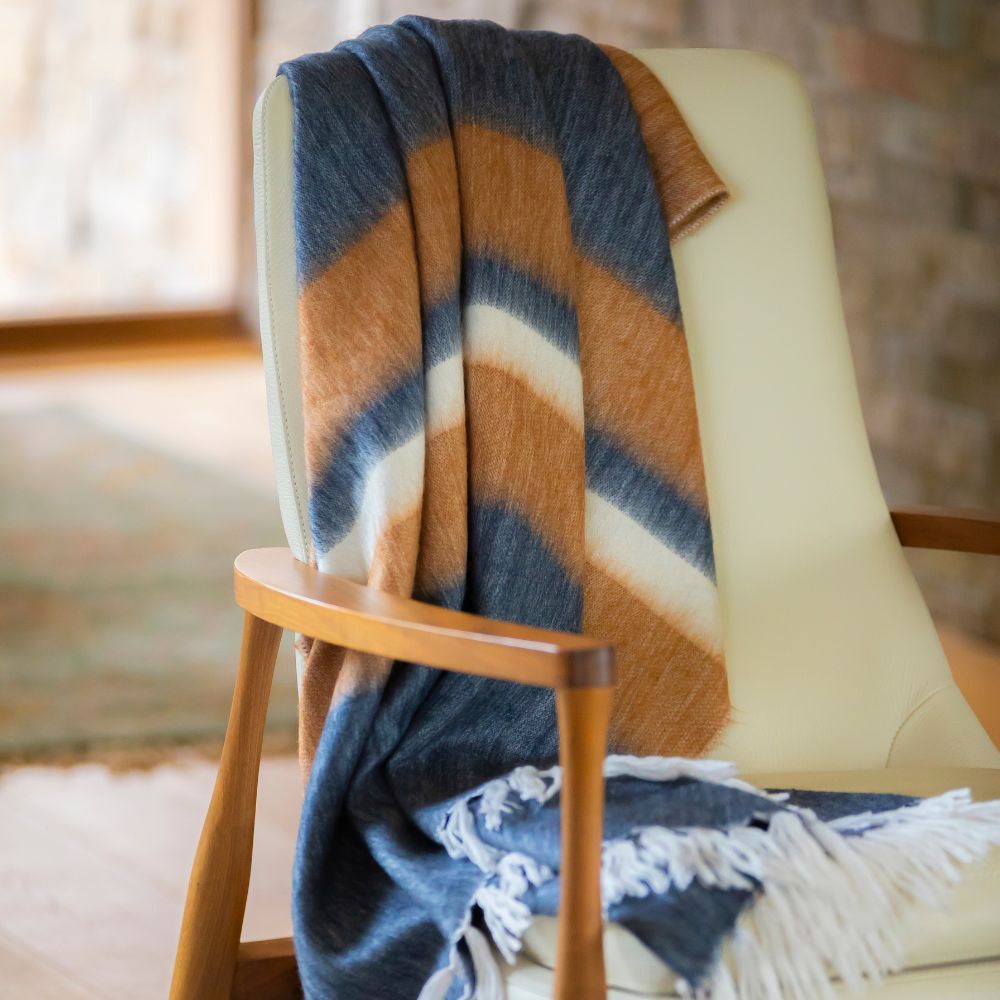 Handwoven Alpaca Throw Blanket From Ecuador - Copper & Navy Camilo Throw - Kallpa Collection