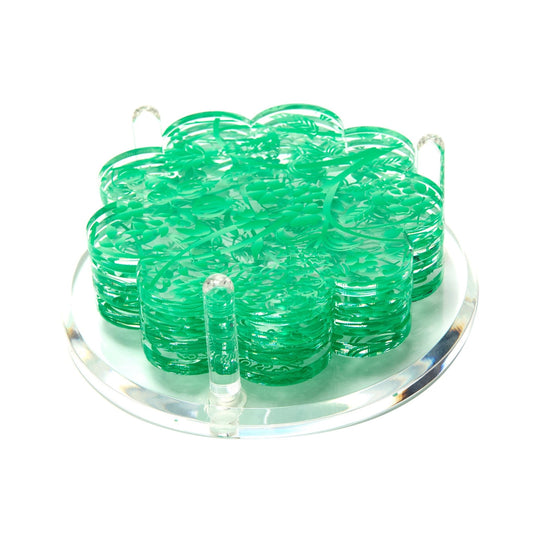 Green Toile Acrylic Scallop Drink Coasters